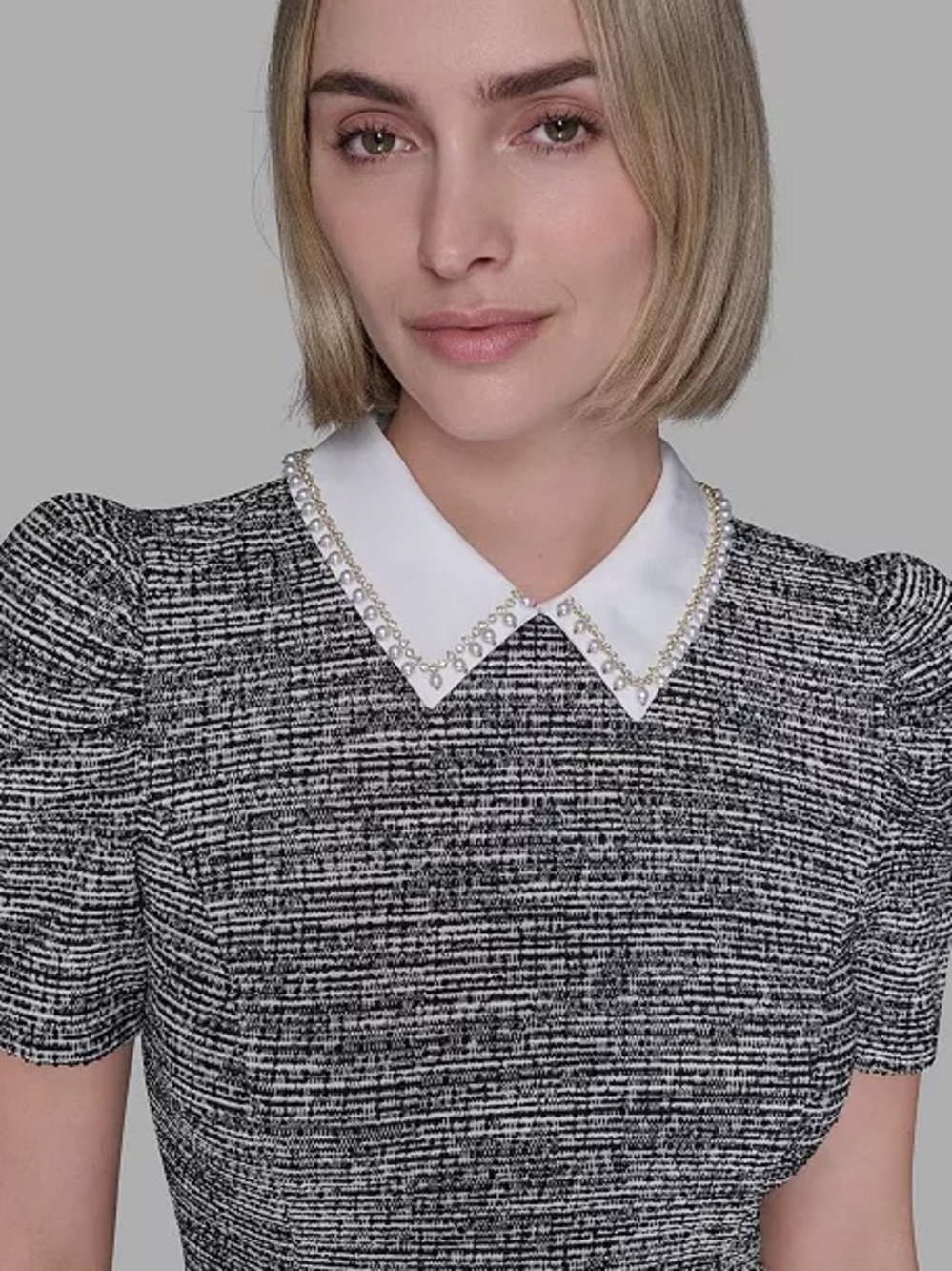 Karl Lagerfeld Paris Collared Tweed A-Line Dress Embellished Pearls Rhinestones - Picture 3 of 15
